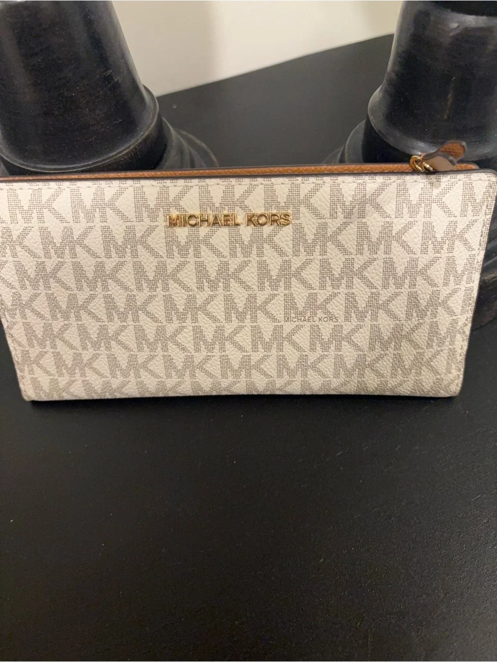 Michael Kors Voyager Logo Tote with Brown Trim and Gold Hardware with Wallet.